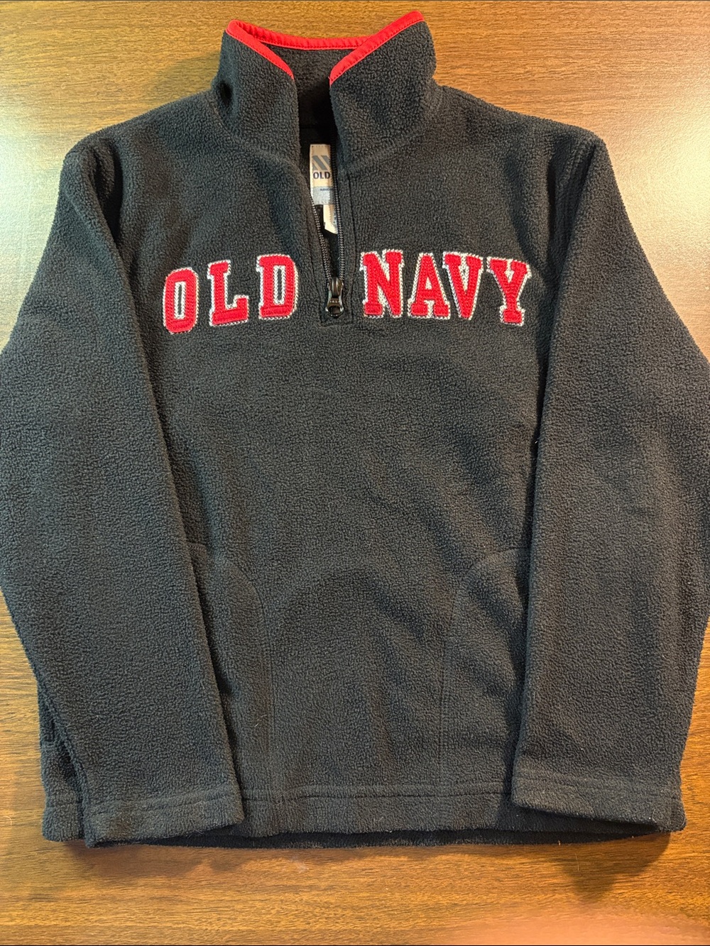 Old Navy Boy’s Black Fleece Half-Zip Sweater with Red Lettering
